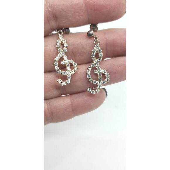Vintage Earrings Music Note Rhinestone & Sterling Silver Musical Sing Singing - Picture 2 of 8